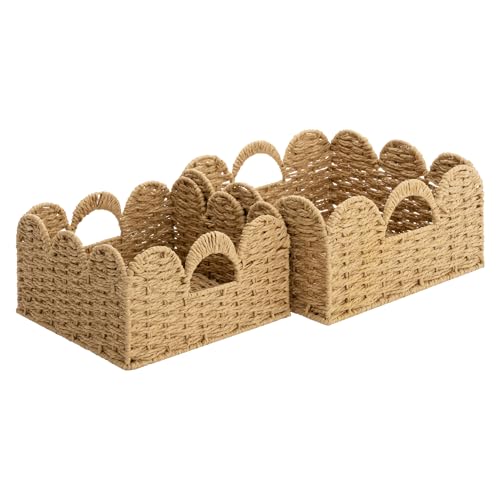 StorageWorks Scalloped Wicker Basket, Woven Baskets for Storage, Rattan Baskets with Handles, Paper Rope Basket for Organizing and Decor, 2 Pack - color: Natural(Paper Rope), size: 11 ½" L x 11 ½" W x 5 ¾" H