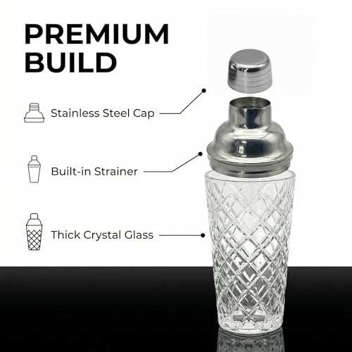 15oz Diamond-Cut Crystal Cocktail Shaker Clear Glass with Polished Stainless Steel Lid - Premium Bar Tool for Home Bartenders - Ideal for Cocktails, Mocktails, and More - color: Geometric Cocktail Tool