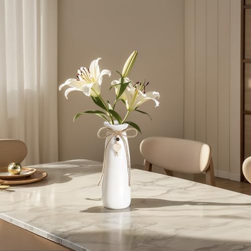 8 Inch Ceramic Vase with Jute Rope & Heart Charm, Elegant White Decorative Vase for Home Décor & Table Centerpieces - style: Slim