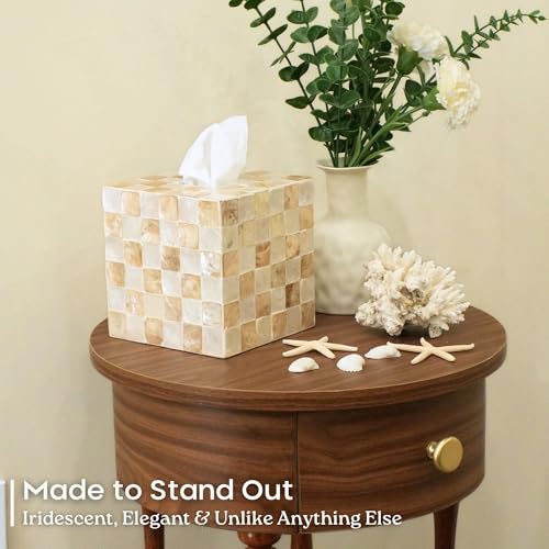 5.5" Tissue Box Cover Square, Capiz Shell Tissue Holder, Ivory | Bottom Slider, Checkerboard Cube Tissue Box Holder For Kleenex, Neutral Beige Square Tissue Box Cover Bathroom, Coffee Table - color: Ivory