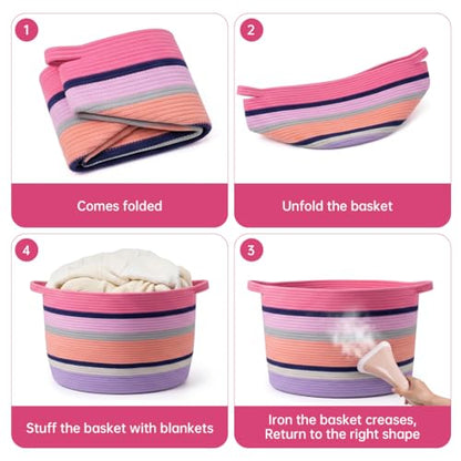 Pink Large Blanket Basket with Handles, 55 L Woven Rope Toy Basket, Foldable Storage Bin for Blankets, Toys & Laundry, stuffy storage for Bedroom & Playroom&Living room (17.7"D * 13.8"H) - size: 17.7"D * 13.8"H