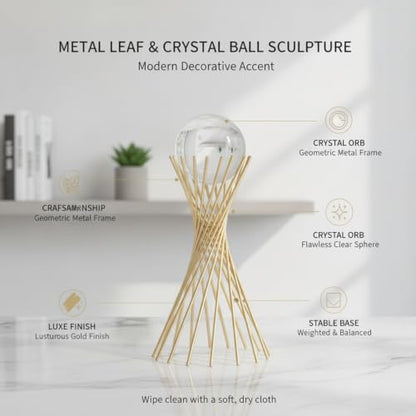 for Shelf, Desk, or Console Table Display: Modern Geometric Metal Leaf and Crystal Ball Sculpture Accent (1 PC) - size: 5.51 x 5.51 x 11.02 in