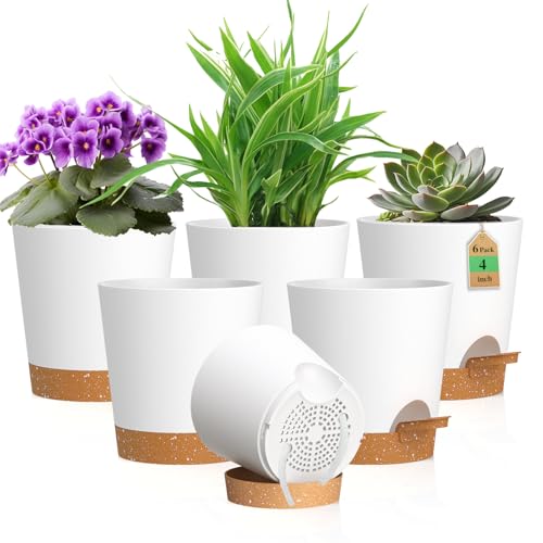 WSMKSZ 4 inch Self Watering Pots for Indoor Outdoor Plants, 6 Pack Plastic Flower Planters with Drainage Holes and Removable Saucers, Plant Pots with Wicking Rope, Modern Decor, White Brown - color: White Brown, size: 4inch 6pcs