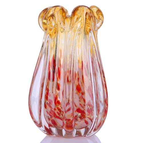 Hand Blown Glass Vase, 9.8 Inch Pink and Amber Gradient Art Glass Vase with Unique Wavy Rim Design, Handmade Decorative Flower Vase for Living Room Table Centerpiece, Home Decor Gift - color: L-amber