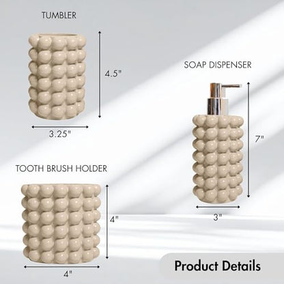 Better Trends Bathroom Accessories Set 3 Pieces Resin Bubble Textured Soap Dispenser, Toothbrush Holder & Tumbler for Vanity, Kitchen Sink & Countertop Organization Sand Nova Collection - color: Sand