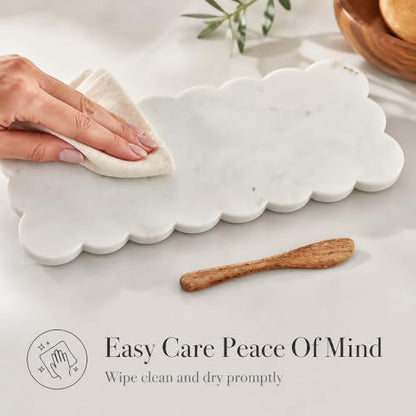 Mud Pie Scallop Marble Board Set, White, 12" x 5" | Scalloped Cutting Board for Charcuterie