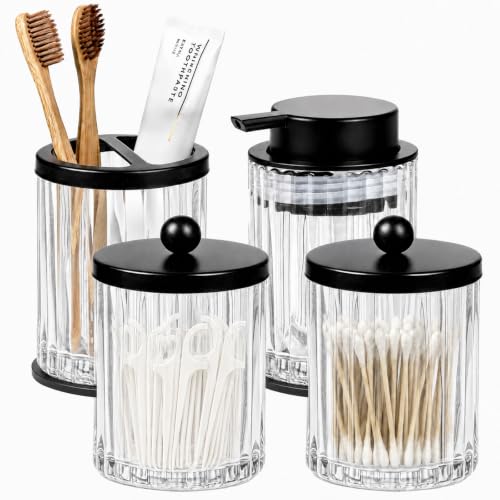 Amolliar Bathroom Accessories Set, Clear Glass Complete 4PCS Bathroom Sets | Lotion Soap Dispenser, Toothbrush Holder, 2 Qtip Holders, Elegant Bathroom Decor for Countertop, Vanity, Storage Organizers - size: Clear