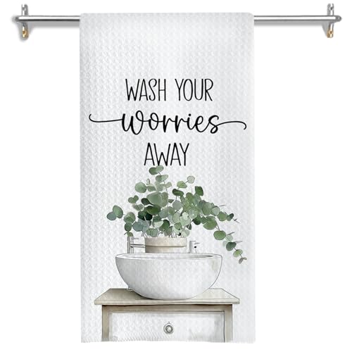 Vintage Eucalyptus Bathroom Decor Hand Towels, Wash Your Worries Away Sage Green Eucalyptus Leaves Hand Towels for Bathroom Washroom Restroom Toilet Decor, 16x24 Inches - color: Wash Bathroom B