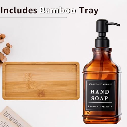 Amber Dish and Hand Soap Dispenser,Set of 2 * 16.9oz | Glass Soap Dispenser with Black Pump,Tray,Funnel,500ML Countertop Soap and Lotion Dispenser for Kitchen, Bathroom, Shower - color: Ks-5070c-28y-2b