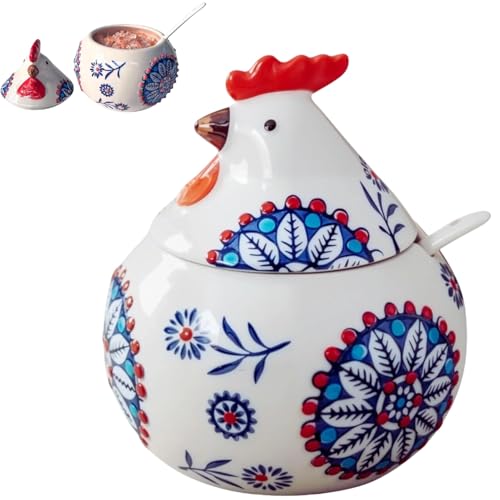 Ceramic Salt Cellar with Lid and Spoon | 13.5OZ Large Chicken Salt Container | Salt Cellar for Countertop | Salt Holder Jar for Counter Cookie Sugar Spices Candies Home Chicken Decor Rooster (Blue) - color: Blue
