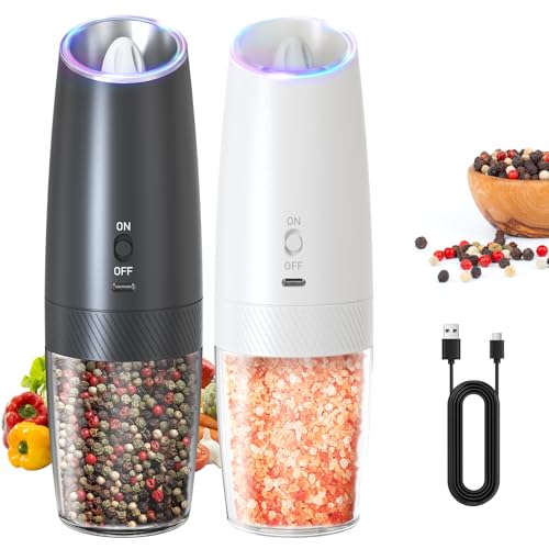 CIRCLE JOY Rechargeable Salt and Pepper Grinder Set Gravity Electric Salt and Pepper Grinder Set, LED Light, Adjustable Coarseness, for Home Kitchen BBQ, Black & White - color: Black&White, size: KYMQ + Rechargeable