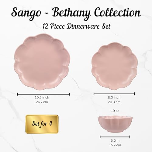 Sango 12 Pieces Scalloped Dinnerware Set, Modern Pink Dishes for 4, Premium Serving Plates & Bowls Sets, Chip Resistant, Blush Ceramic Dishware, Kitchen Dish, Microwave & Dishwasher Safe, Bethany - color: Pink, size: 12-Piece Set