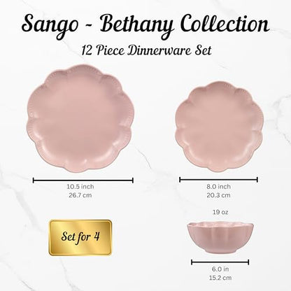 Sango 12 Pieces Scalloped Dinnerware Set, Modern Pink Dishes for 4, Premium Serving Plates & Bowls Sets, Chip Resistant, Blush Ceramic Dishware, Kitchen Dish, Microwave & Dishwasher Safe, Bethany - color: Pink, size: 12-Piece Set