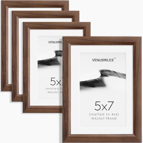 5x7 Picture Frame Set of 4 Natural Solid Walnut Photo Frames with 4x6 Removable Mat Wall Hanging Large Handcrafted Frame with HD Plexiglass Wall and Tabletop Display Large Poster Frame - color: Walnut, size: 5X7,4P