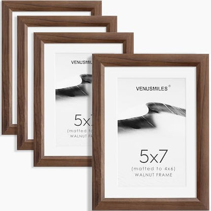 5x7 Picture Frame Set of 4 Natural Solid Walnut Photo Frames with 4x6 Removable Mat Wall Hanging Large Handcrafted Frame with HD Plexiglass Wall and Tabletop Display Large Poster Frame - color: Walnut, size: 5X7,4P
