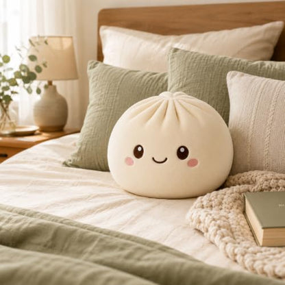 Juju Bao Bun Cushion - Soft Velvet Round Steamed Bun Throw Pillow with Embroidered Face for Sofa and Bed Decor