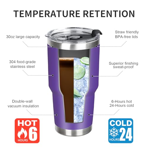 30 oz Tumbler with Lids and Straws Double Wall Vacuum Insulated Tumbler Cup,Stainless Steel Leak-proof Thermal Tumbler Powder Coated Travel Coffee Mug for Cold and Hot Drinks,Purple - color: Purple, size: 30 Ounces