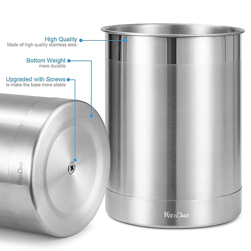 Stainless Steel Utensil Holder for Counter(2Pack), Brushed Silver Drying Metal Utensil Crock Canister for Cooking Utensils on Countertop, with Heavy Base, Dishwasher Safe, Silver
