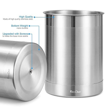Stainless Steel Utensil Holder for Counter(2Pack), Brushed Silver Drying Metal Utensil Crock Canister for Cooking Utensils on Countertop, with Heavy Base, Dishwasher Safe, Silver
