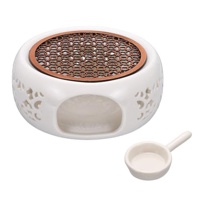 uxcell Teapot Warmer, Ceramic Tea Warmer Ceramic Teapot Heater with Alloy Pad Tealight Holder for Heating Coffee Milk Water Heatproof Dish Warming Use, White Ocean Flower Design - color: White