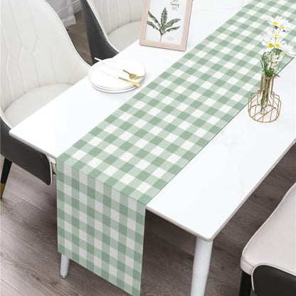 Sage Green Gingham Party Table Runner Green and White Checkered Plaid Decorations for Birthday Bridal Baby Shower Home Dining Kitchen Island Decor (13" x 72") - size: 13" x 72"
