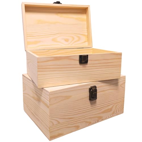 Large Unfinished Wooden Storage Box with Lid & Latch, 2-Pack | Pine Wood Craft Boxes with Bonus Small Box for DIY Crafts & Gifts