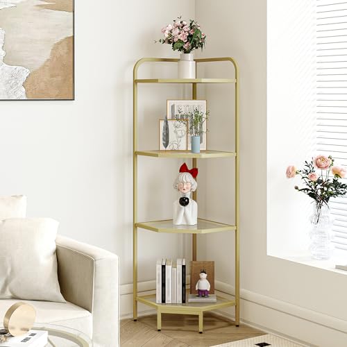 Hzuaneri Corner Shelf Stand, 6-Tier Glass Bookshelf Bookcase, Plant Stand | Bathroom Organizer Steel Frame, Tempered Glass, Modern Style for Living Room, Bathroom, Kitchen, Gold CS90400G - color: Gold, size: 4 Tier
