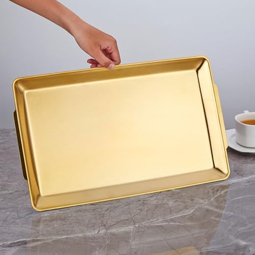 15.8" x 9.5" Large Serving Platters, Stainless Steel Heavy-Duty Large Serving Trays, Gold Rectangular Plates for Food, Fruit, Party, Wedding, Christmas, Chip and Scratch Resistant - color: Gold-15.8" X 9.5"