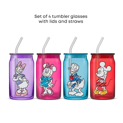 JoyJolt Disney Mickey Mouse and Friends Color Sketch Glass Tumblers with Lids and Straws, 16oz Glass Cups with Lids and Straws, Can Shaped Drinking Glasses Set of 4, Disney Gifts for Adults - style: Mickey Mouse