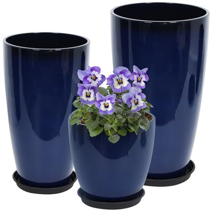 Neoaider Set of 3 Tall Planter, 24/21/12in Large Plastic Planter, Blue | Ceramic-Look, Lightweight, Built-in Drain Hole, Saucers, Tall Outdoor Planter for Porch, Garden, Patio, Balcony - color: Blue