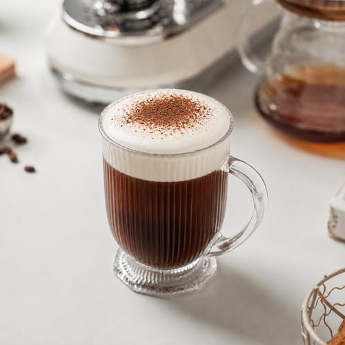 KEMORELA 16oz Ribbed Glass Coffee Mugs Set,Large Glass Mugs with Handle | 4-pack,Clear Thick glass,Wide base,Microwaves,Dishwasher safe,For Ice Coffee,Americano,Latte,Tea,Juice,Hot/Cold Beverages - color: Ribbed-4PCS