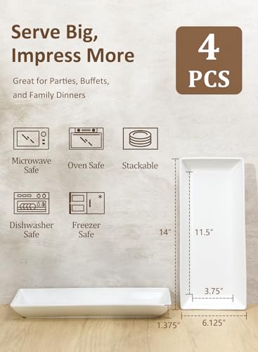 14” White Porcelain Serving Platters, Elegant Large Rectangular Plates Trays for Dinner Parties, Appetizers, Sushi, Desserts & More, Microwave & Dishwasher Safe, Set of 4 | Rectangular Ceramic Dinner Plates Trays, Stackable, Dishwasher/Microwave/Freezer S
