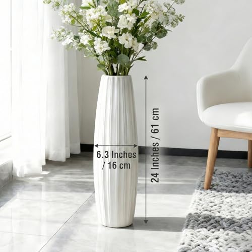 White Tall Ceramic Floor Vase, 24 Inch, Ribbed Drum Design | Glossy Glazed Finish, Living Room, Fireplace, Entryway, Pampas Grass - color: Vertical Stripes, size: Height-24 Inch
