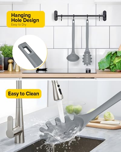 Silicone Pasta Fork and Soup Ladle Set, Heat Resistant Non Stick Kitchen Utensils with Back Hooks, Suitable for Cooking, Stirring, Serving Spaghetti, Soup, Sauce (GRAY) - color: Gray
