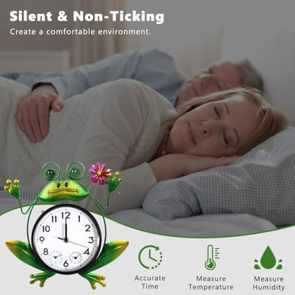 Outdoor Clock with Thermometer & Humidity | Silent Non-Ticking, Frog Outdoor Wall Clock, Outdoor Clocks for Patio, Garden, Home Decor - style: Frog with Flower