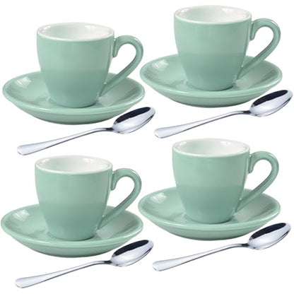 homEdge Porcelain Espresso Shot Cup Set with Saucers and Stainless Steel Spoons - 80 ml / 2.67 oz, Set of 4, Mint Green - color: Mint Green