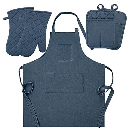Oven Mitts and Pot Holders with Cooking Apron Set of 5, Heat Resistant Kitchen Gloves and Silicone Non-Slip Potholders, Adjustable Neck Buckle Chef Apron, Cotton Nice Design for Cooking （Navy… - color: Navy