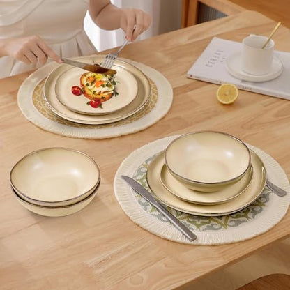 Herogo 12pcs Stoneware Dinnerware Sets for 4, Irregular Handmade Dinner Plates and Bowls, Kitchen Dining Dish Dishware Set, Microwave & Dishwasher Safe, Cream Khaki - color: Cream Khaki, size: 4 Set (12pcs)