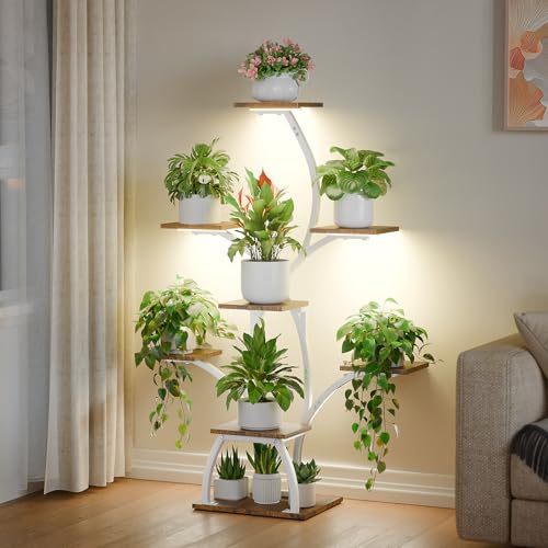 CODACE Plant Stand with Grow Lights - 50" Indoor Plant Shelf | 6 Tiered Plant Shelf Indoor, Lighted Tree-Shaped Plant Holder, Tall Flower Display Rack for Living Room, Patio(White) - color: White