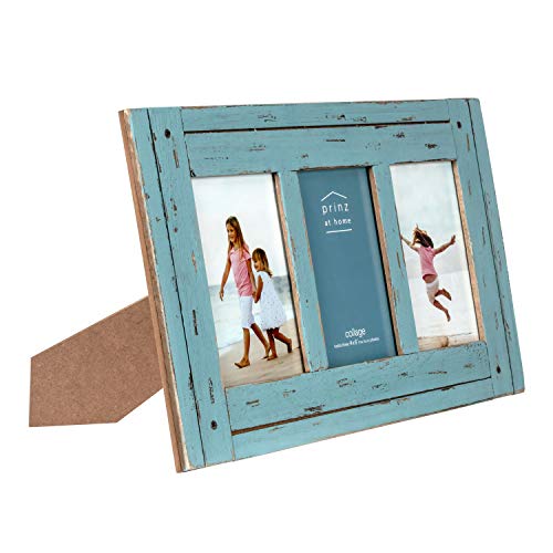Prinz Homestead Blue 3-Opening Collage Picture Frame 4x6 Photos - Distressed Wood Two-Way Easel Wall Tabletop Display - color: Distressed Blue