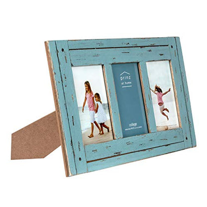 Prinz Homestead Blue 3-Opening Collage Picture Frame 4x6 Photos - Distressed Wood Two-Way Easel Wall Tabletop Display - color: Distressed Blue