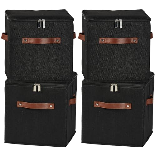 4PCS Storage Cubes with Lids Cotton Linen Fabric Bins Boxes | Decorative Foldable Washable Closet Shelf Organizer Clothes Container with PU Leather Handles, Zipper Lid, Black, 11in - color: Black ( Zipper Lid ), size: Set of 4 ( 11 in )