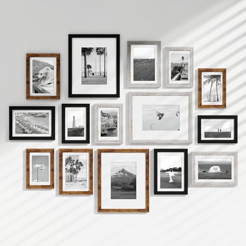 15 Pack Picture Frames Collage Wall Decor, Gallery Frame Set for Wall Mounting or Tabletop Display, Multi Sizes Including 3pcs 8x10, 6pcs 5x7, 6pcs 4x6, Black+Rustic Brown+Distressed White - color: Black+Rustic Brown+Distressed White