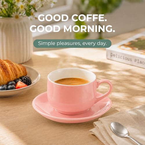 3 Ounce Espresso Cups Set of 4, Pink | Stackable Demitasse Mugs, Includes Display Stand, Cups Saucers, and Spoons, for Machines & Home Use - color: Pink