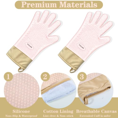 Silicone Oven Gloves with Fingers Heat Resistant 450°F in Kitchen | 1Pair Silicone Oven Mitts, Waterproof, Non-Slip, Extended Cuff Cotton Lined Kitchen Mitts for Baking Cooking Barbecue (Pink) - style: pink-large