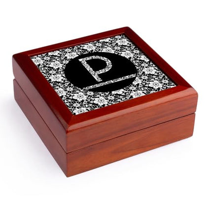 3dRose Pretty Black and White Floral Monogram Letter P Jewelry Box 7 x 7 inch with 4 inch tile