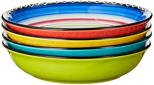 Tequila Sunrise 9.25-Inch Soup and Pasta Bowls Set of 4, 38 oz Large Colorful Ceramic Bowls, Assorted Fiesta Stripe Designs, Microwave Safe Southwest Tableware for Meals & Entertaining - size: Large
