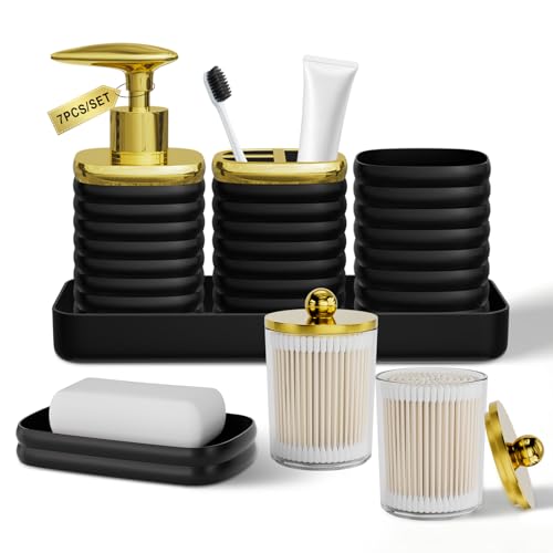 Bathroom Accessory Set - Gorgeous Bathroom Set, 7PC Black Bathroom Accessories Set, Soap Dispenser, Toothbrush Holder, Qtip Holder Set, Bathroom Accessories Sets Complete for Home - color: Black&gold