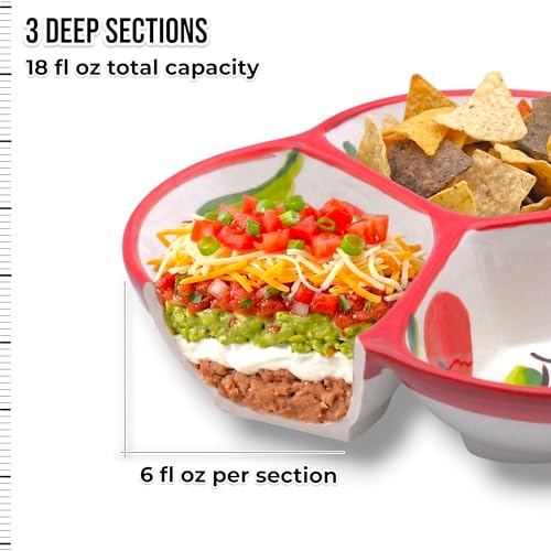 3-Compartment Ceramic Serving Dish, Handmade in Spain | 7.5” divided chip and dip bowl with lead-free glaze, microwave, oven and dishwasher safe, ideal for tapas, snacks and sauces - color: Cherry Bliss