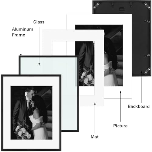 Frametory 7 Pack Aluminum Picture Frame with Mat for Gallery Wall, Black | Set includes one 11x14, two 8x10, four 5x7 frames with glass fronts, removable mats, and built-in hangers for wall mounting - color: Black